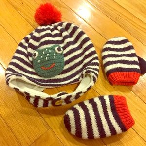 Baby Boden Frog Knit Fleece Lined Hat & Mitten Set
